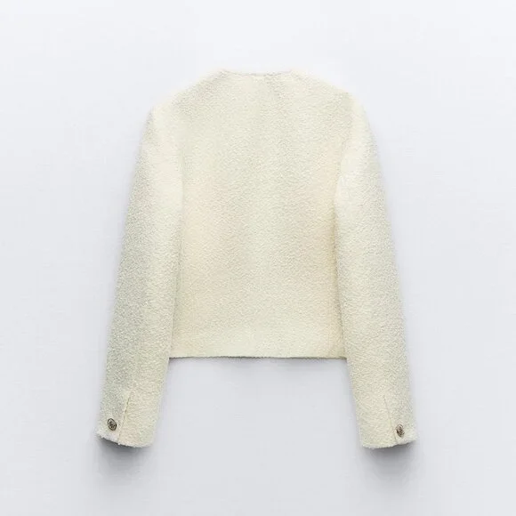 Zara Round Neck Textured Weave Chanel-Like Jacket Ecru NWT